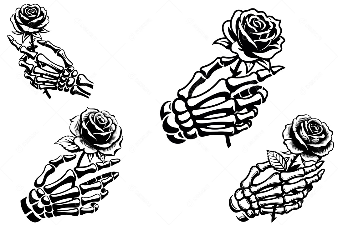 Mão Esquelética Segurando Rosa Ilustração Vetor EPS + AI