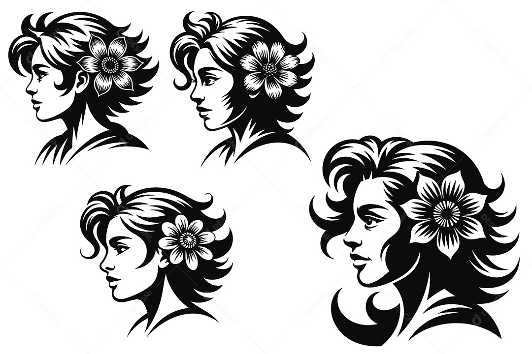 Mulher Silhueta com Floral Ilustração Vetor EPS + AI