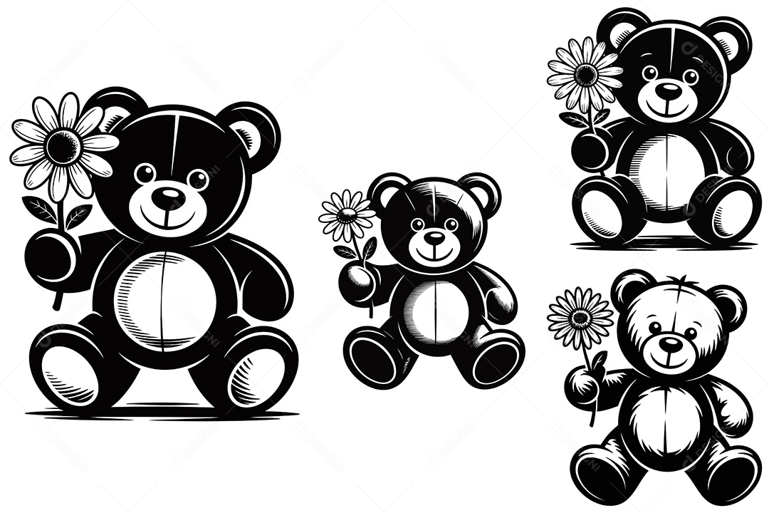 Ursinho de Pelúcia Segurando Flor Ilustração Vetor EPS + AI