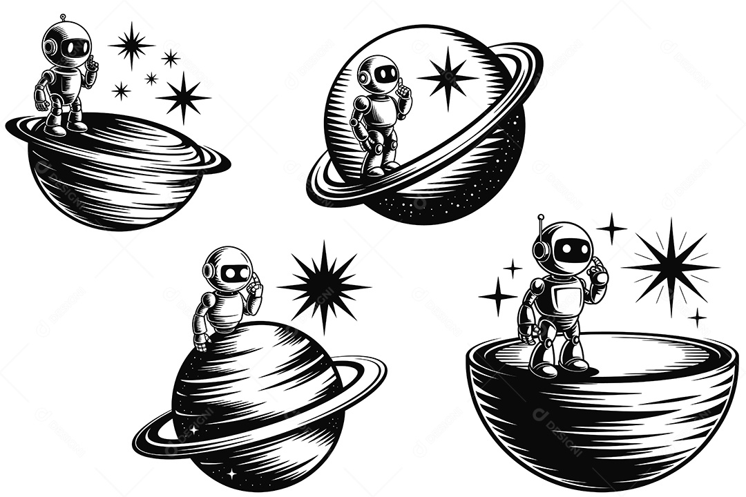 Conjunto de Astronauta em Planetas do Espaço Cósmico Ilustração Vetor EPS + AI