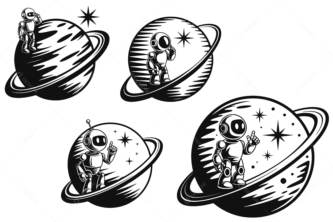 Conjunto de Astronauta em Planetas do Espaço Cósmico Ilustração Vetor EPS + AI