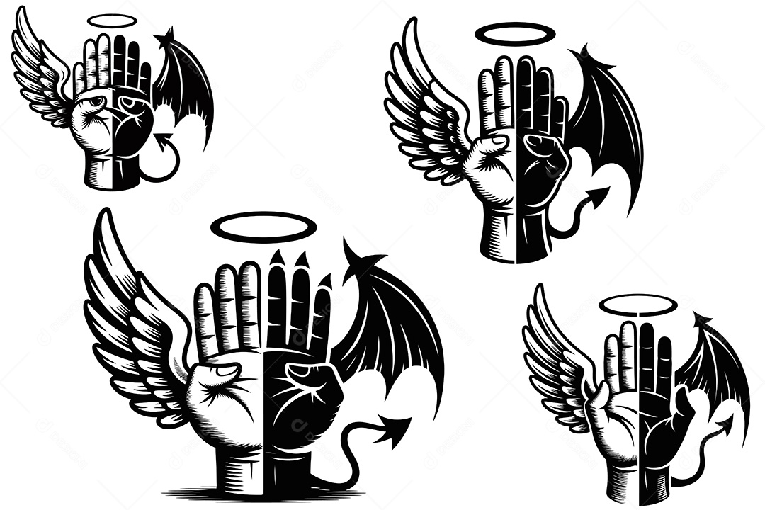 Conjunto de Mãos com Asas Branca e Negras Ilustração Vetor EPS + AI