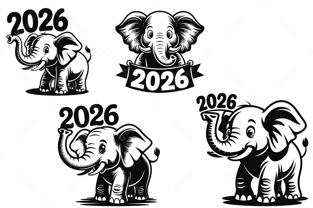 Conjunto de Elefantes 2026 Ilustração Vetor EPS + AI