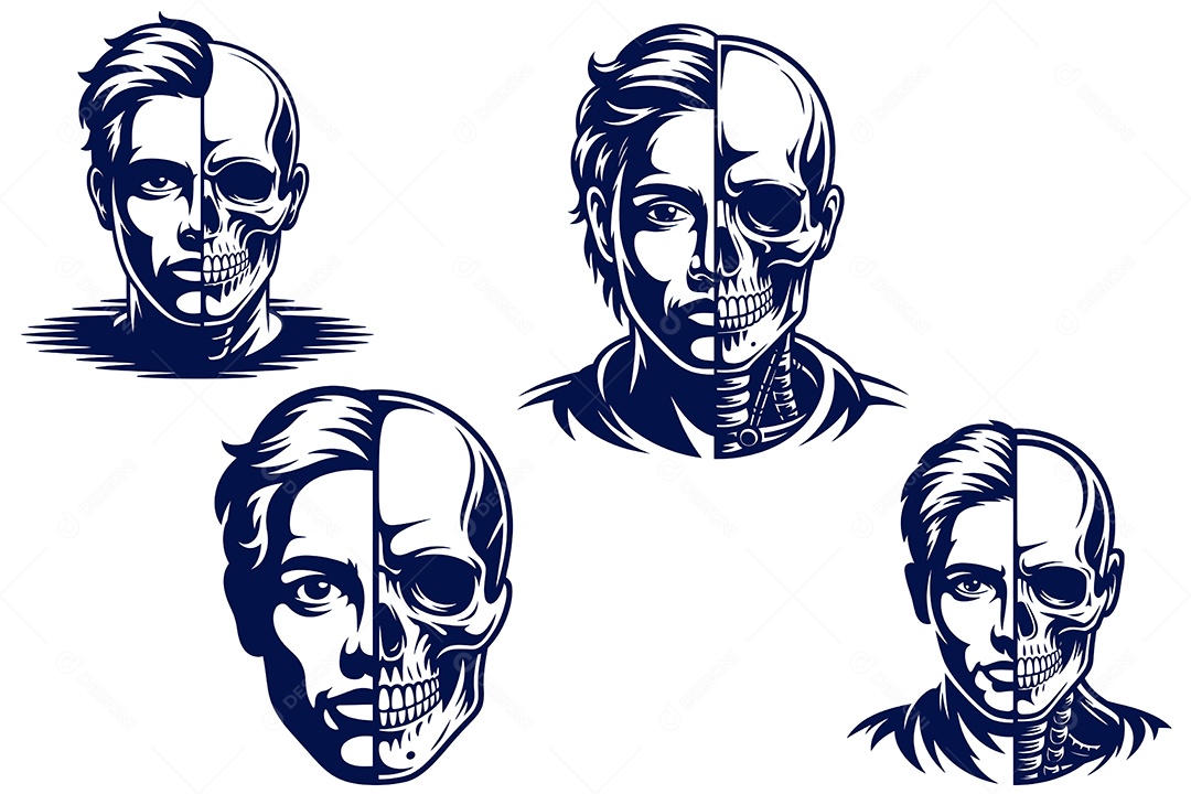 Rosto Humano com Um Lado de Crânio Ilustração Vetor EPS + AI