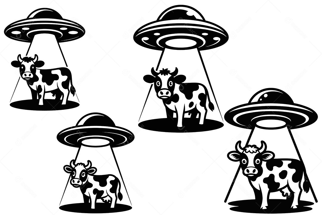 Conjunto Vacas Sendo Abduzida por Alienígenas Ilustração Vetor EPS + AI