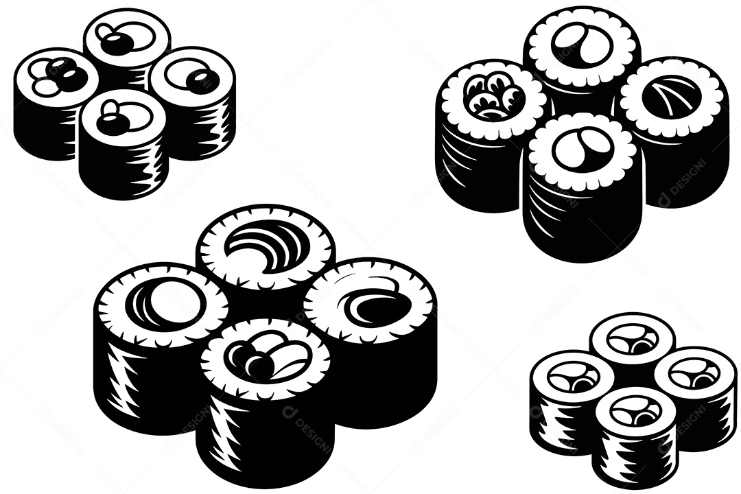 Conjunto de Sushi com Ícones em Preto e Branco Ilustração Vetor EPS + AI
