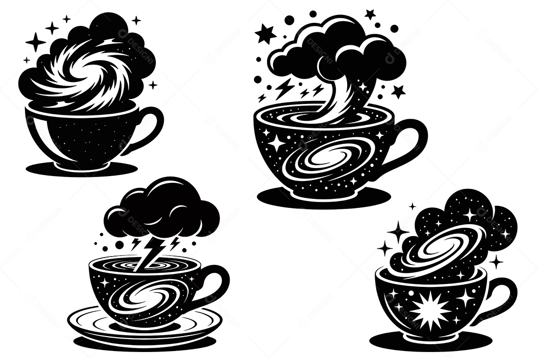 Conjunto de Xícaras com Elementos Cósmicos Ilustração Vetor EPS + AI