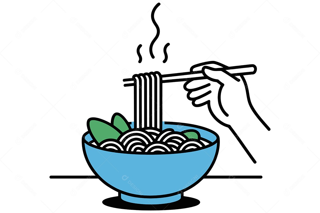 Mão Segurando um Hashi Sobre uma Tigela de Macarrão Ilustração Vetor EPS + AI