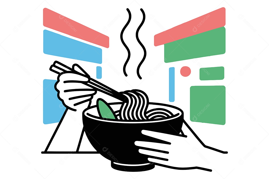 Mãos Segurando uma Tigela de Macarrão com Hashis Ilustração Vetor EPS + AI