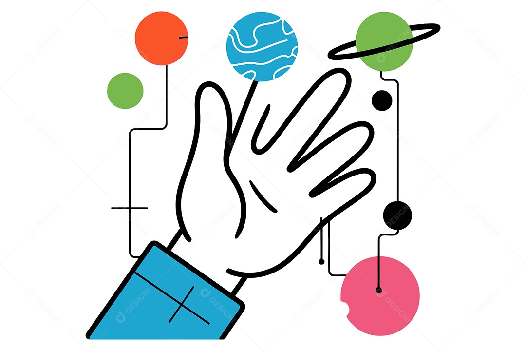 Mão com Vários Planetas Flutuando Ilustração Vetor EPS + AI