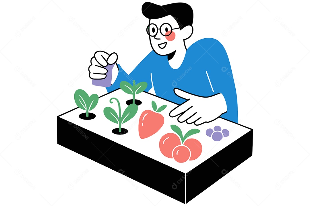 Homem Cuidando de uma Horta Caseira Ilustração Vetor EPS + AI
