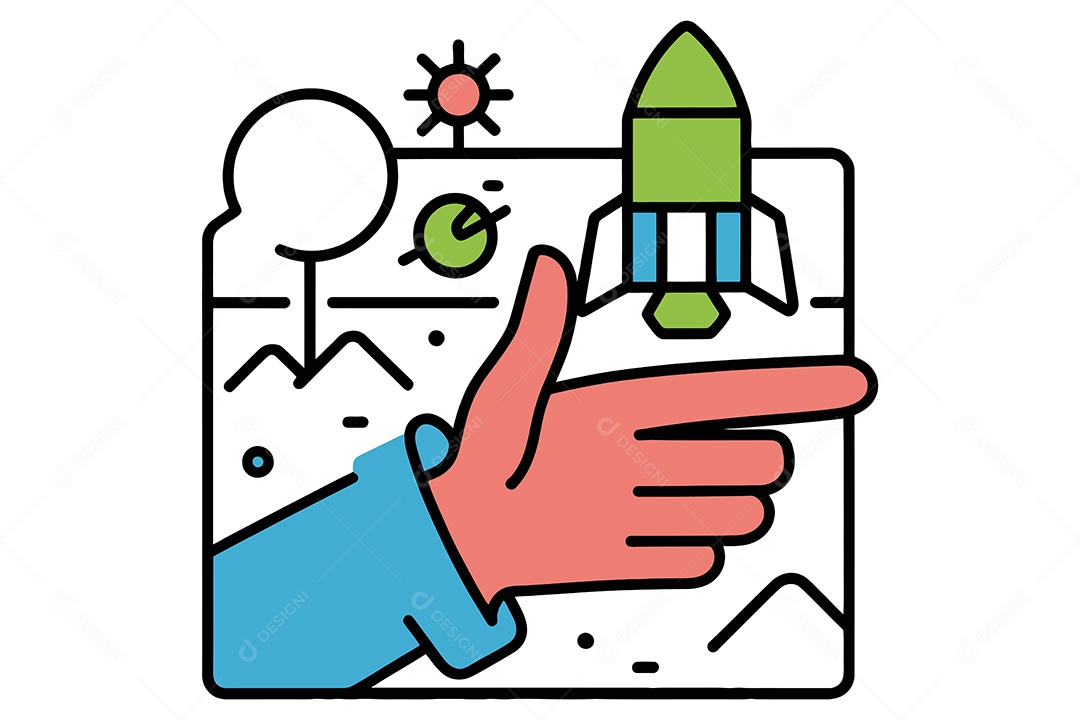 Braço Humano Aontando para Um Foguete em Um Cenário Espacial Ilustração Vetor EPS + AI