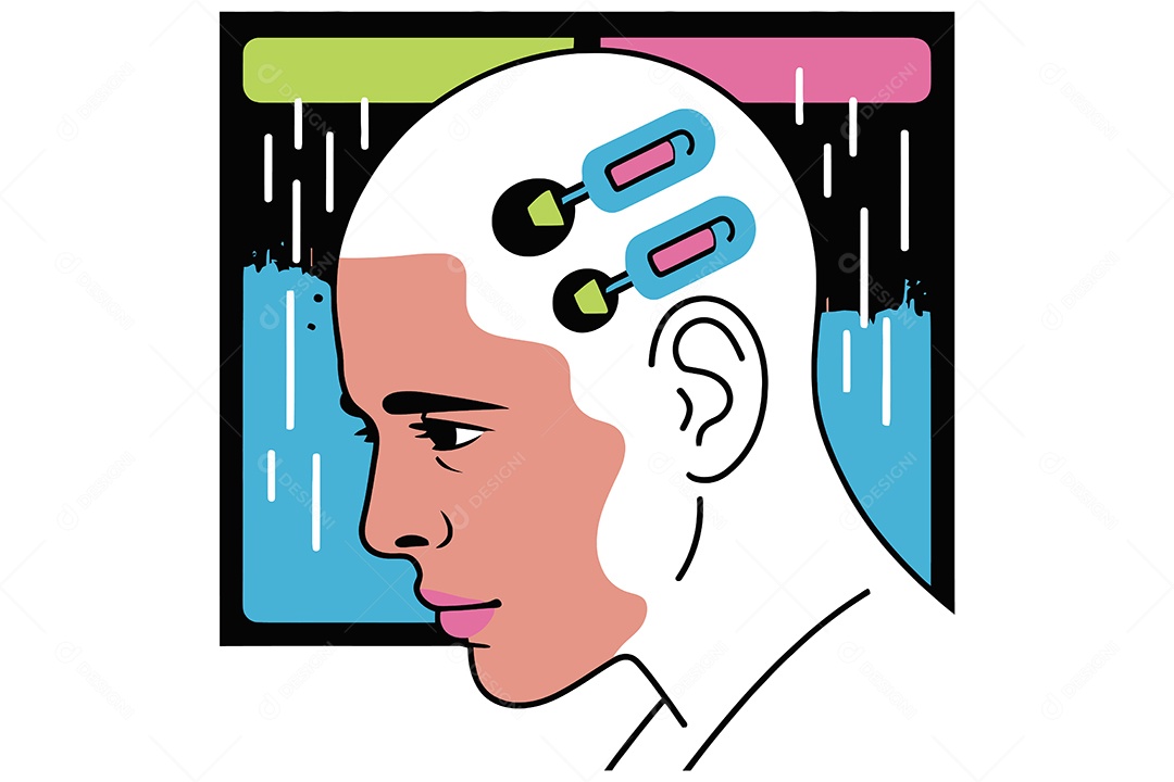 Homem de Perfil com Dois Dispositivos Conectados à sua Cabeça Ilustração Vetor EPS + AI