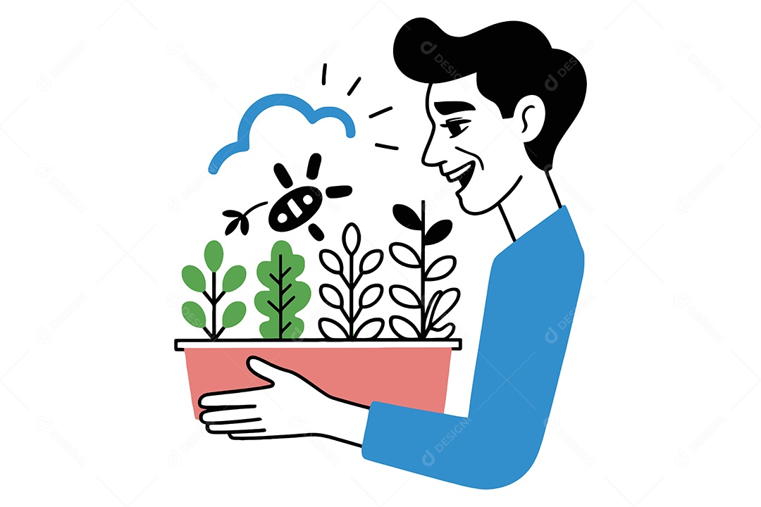 Personagem Olhando Plantas em Vasos Ilustração Vetor EPS + AI