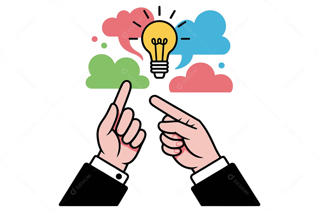 Duas Mãos Apontam Para uma Lâmpada Acesa Ilustração Vetor EPS + AI