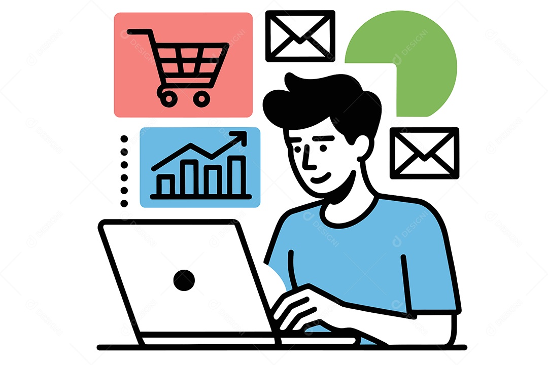 Pessoa Analisando Dados e Métricas de uma Loja Online Ilustração Vetor EPS + AI
