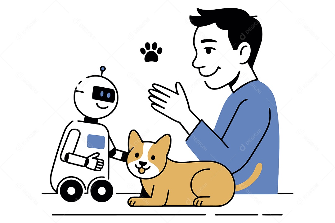 Homem com um Robô e um Cachorro Ilustração Vetor EPS + AI