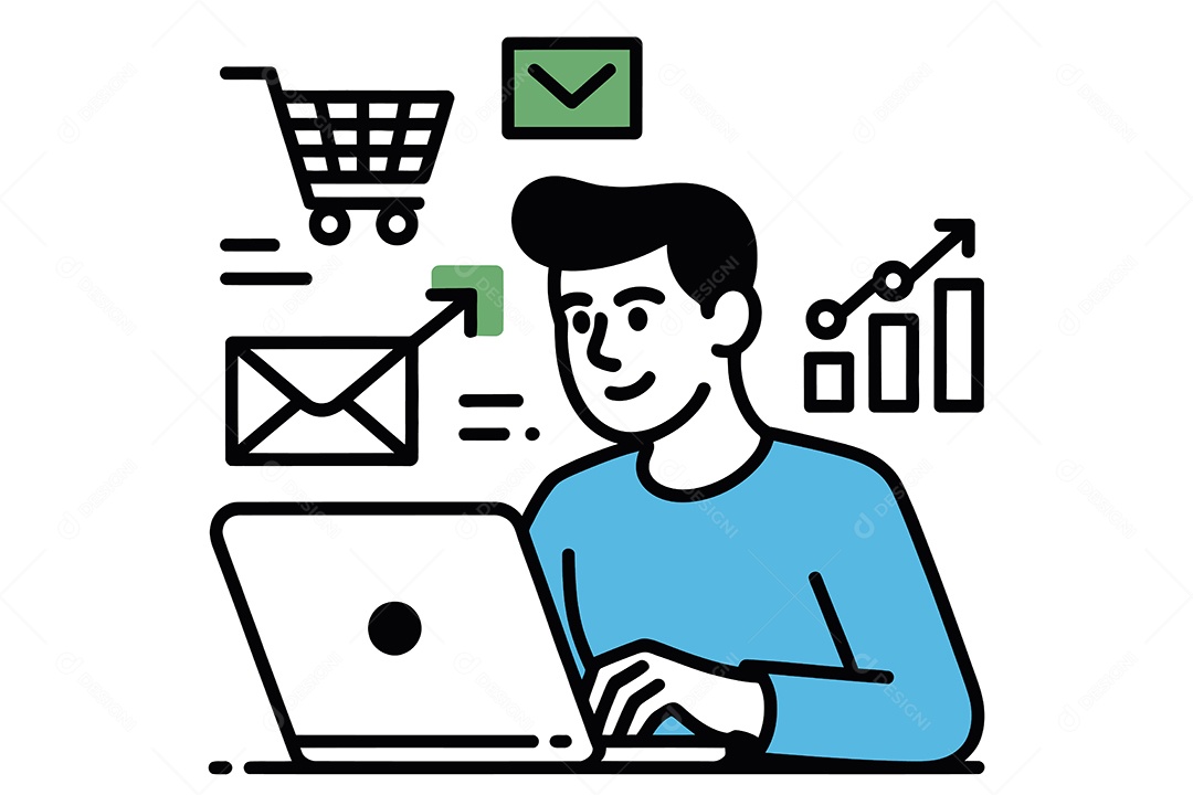 Homem Fazendo Compras Online em um Notebook Ilustração Vetor EPS + AI