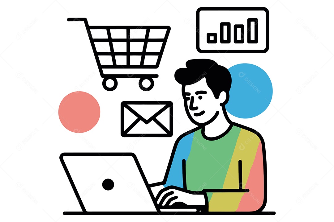 Homem Fazendo Compras Online em um Notebook Ilustração Vetor EPS + AI