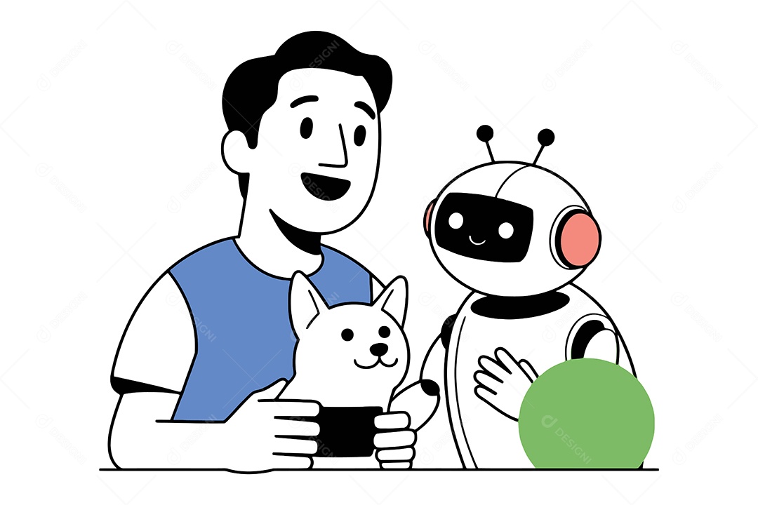 Homem com um Robô e um Cachorro Ilustração Vetor EPS + AI