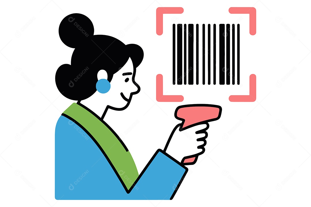 Mulher Segurando Leitor de Códigos de Barra Ilustração Vetor EPS + AI