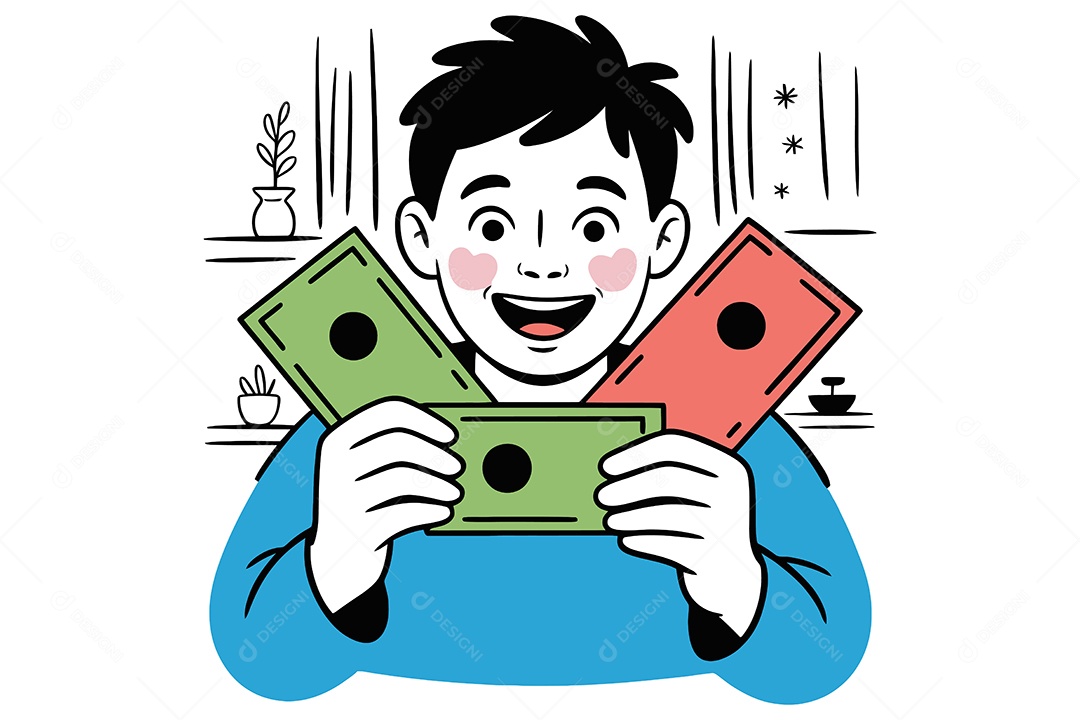Personagem Segurando Notas de Dinheiro Ilustração Vetor EPS + AI