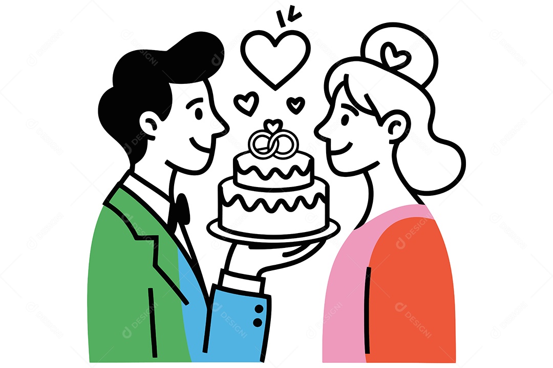 Casal com Bolo de Casamento Ilustração Vetor EPS + AI
