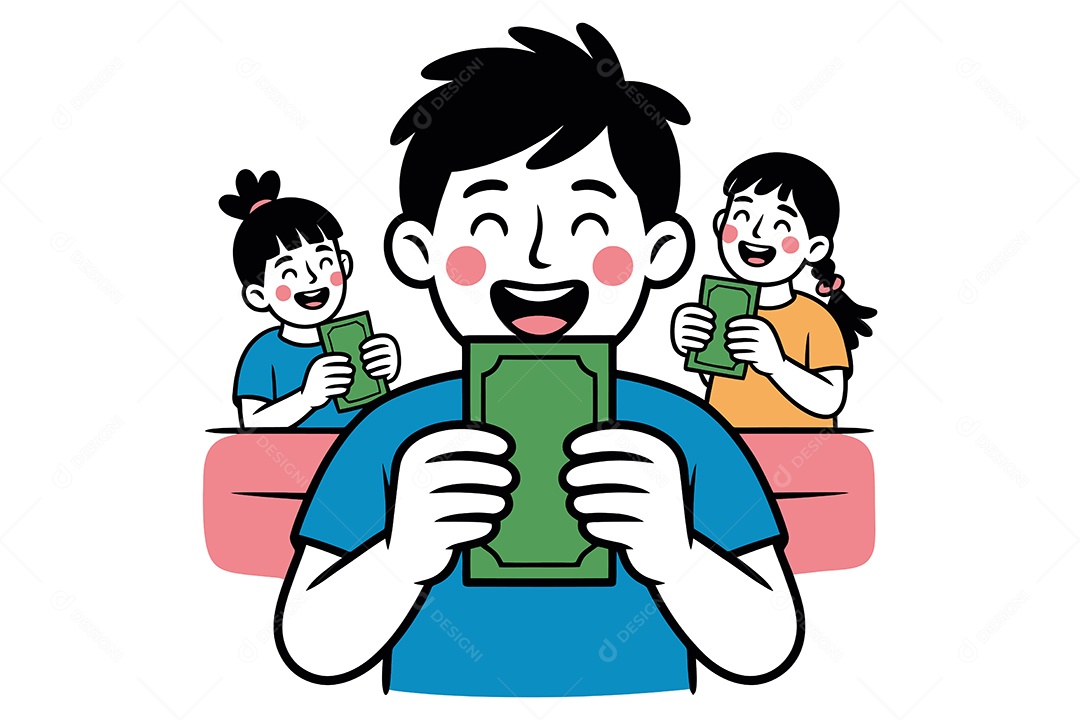 Homem e Duas Crianças Segurando Notas de Dinheiro Ilustração Vetor EPS + AI