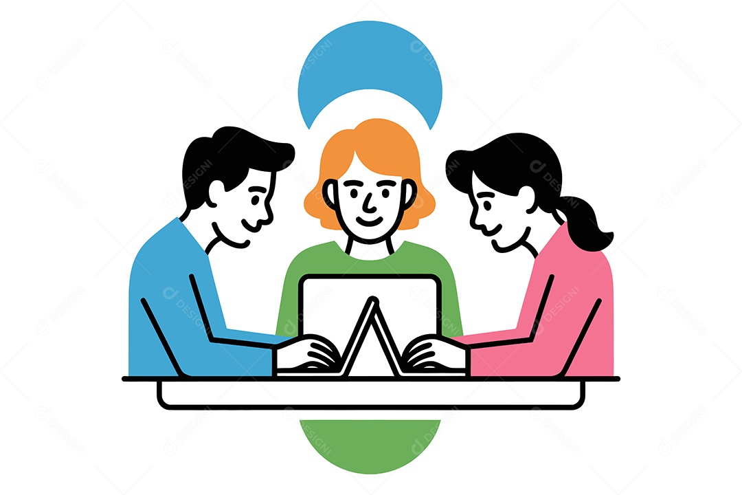 Grupo de Pessoas Trabalhando com um Laptop Ilustração Vetor EPS + AI