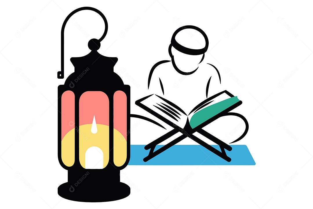 Homem Muçulmano Lendo o Alcorão ao Lado de uma Lanterna Ilustração Vetor EPS + AI