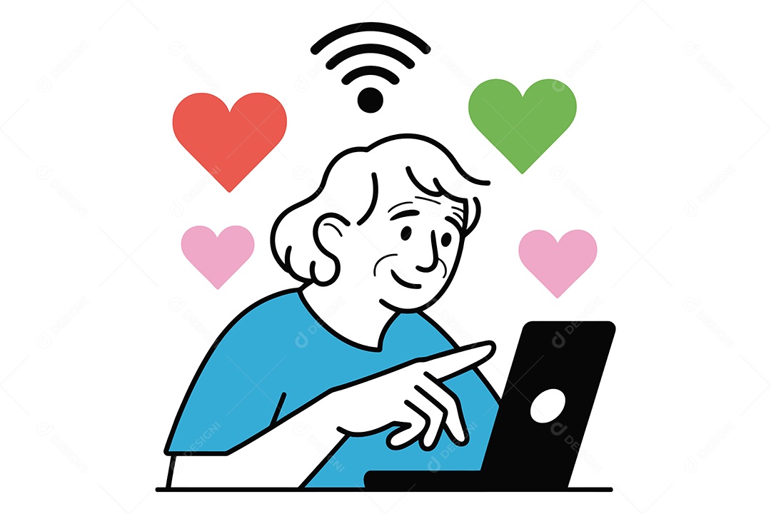 Pessoa Usando um Laptop com Ícones de Coração e Wi Fi Ilustração Vetor EPS + AI