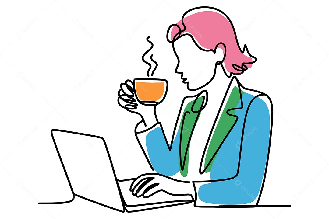 Pessoa Trabalhando em um Laptop e Tomando Café Ilustração Vetor EPS + AI