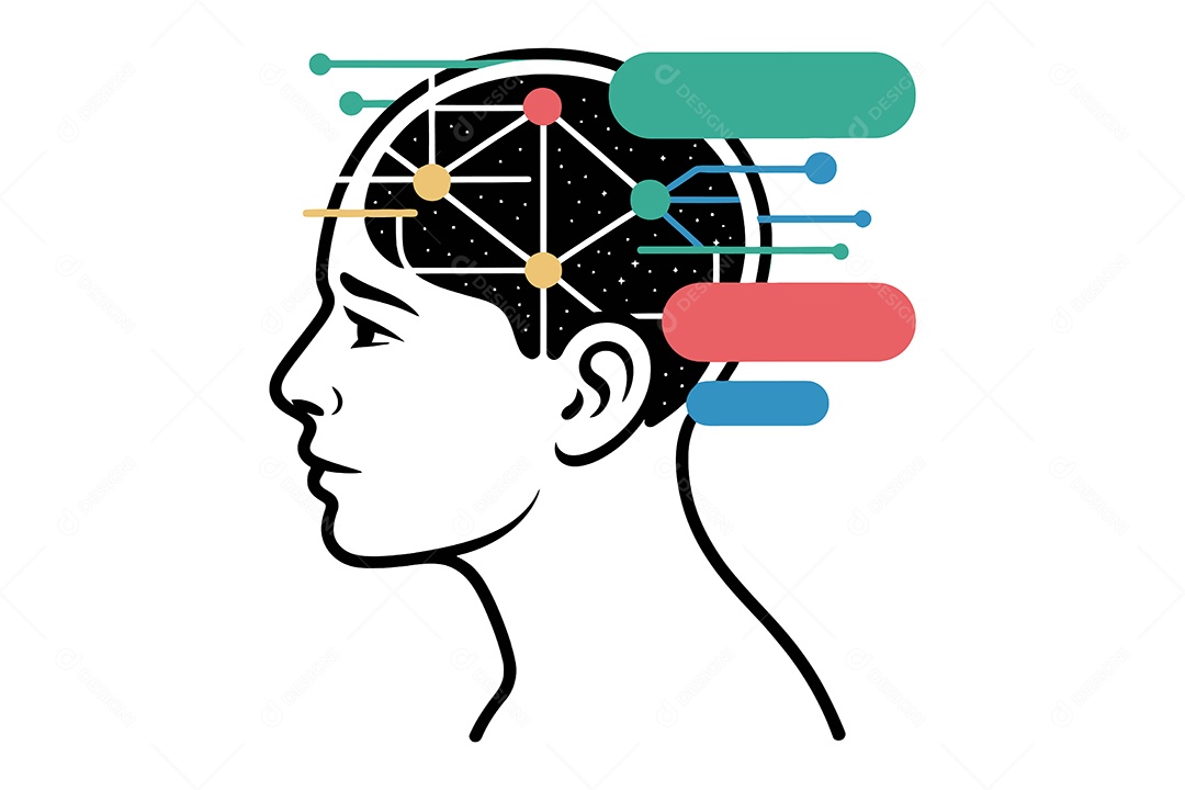 Cabeça Humana com Cérebro e Linhas Coloridas Ilustração Vetor EPS + AI