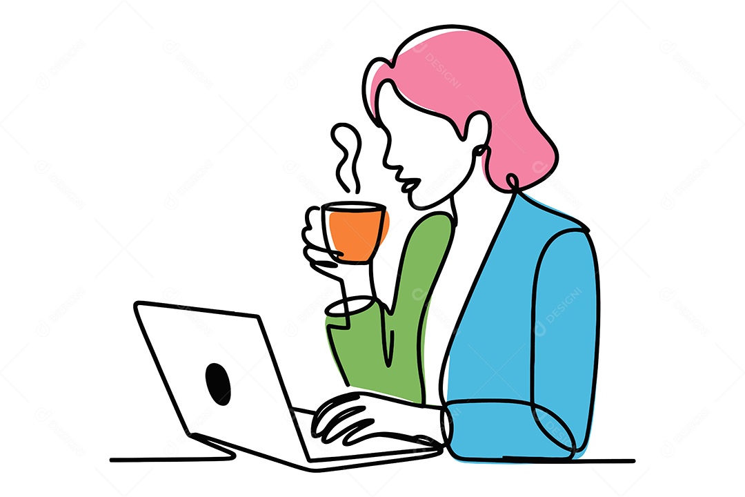 Pessoa Trabalhando em um Laptop e Tomando Café Ilustração Vetor EPS + AI