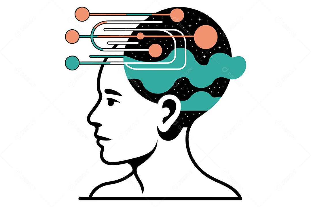 Cabeça Humana com Circuitos e Engrenagens na Área do Cérebro Ilustração Vetor EPS + AI