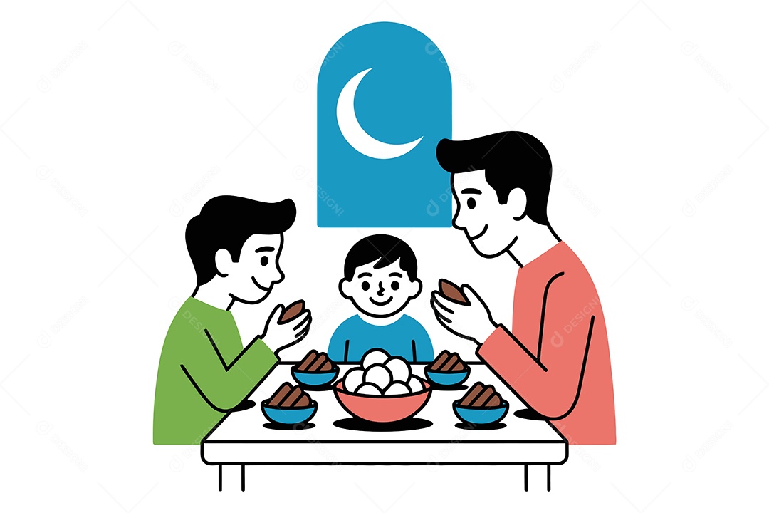 Família Fazendo Refeição Noturna Que os Muçulmanos Fazem para Quebrar o Jejum de Ramadã Ilustração Vetor EPS + AI