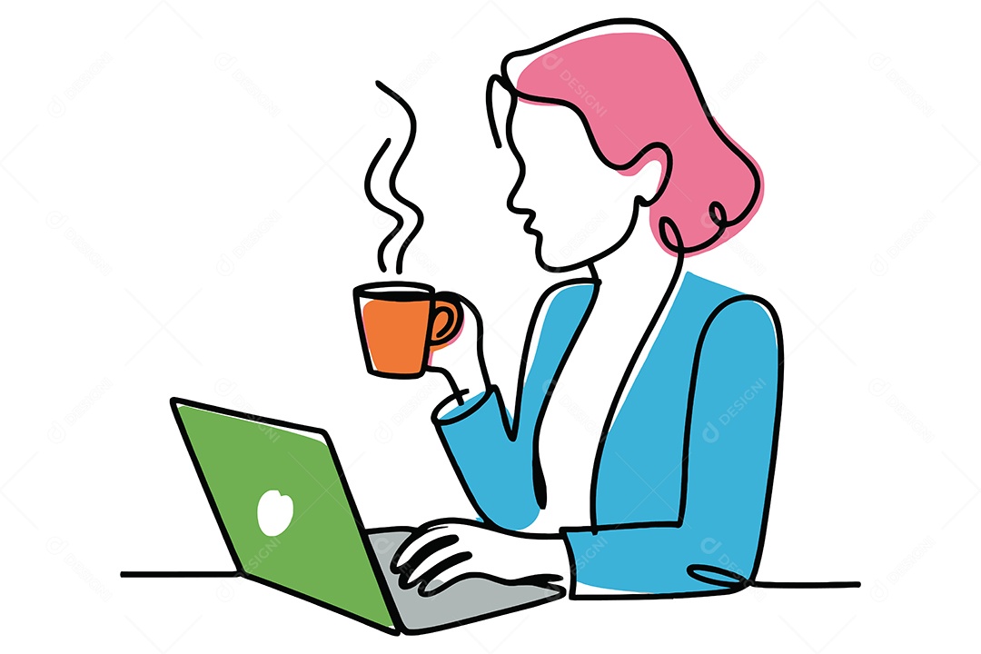 Pessoa Trabalhando em um Laptop e Tomando Café Ilustração Vetor EPS + AI