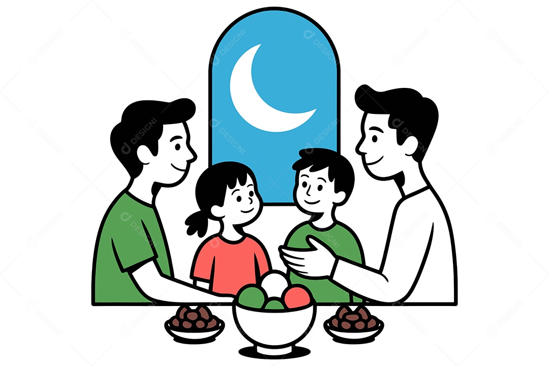 Família Fazendo Refeição Noturna Que os Muçulmanos Fazem para Quebrar o Jejum de Ramadã Ilustração Vetor EPS + AI