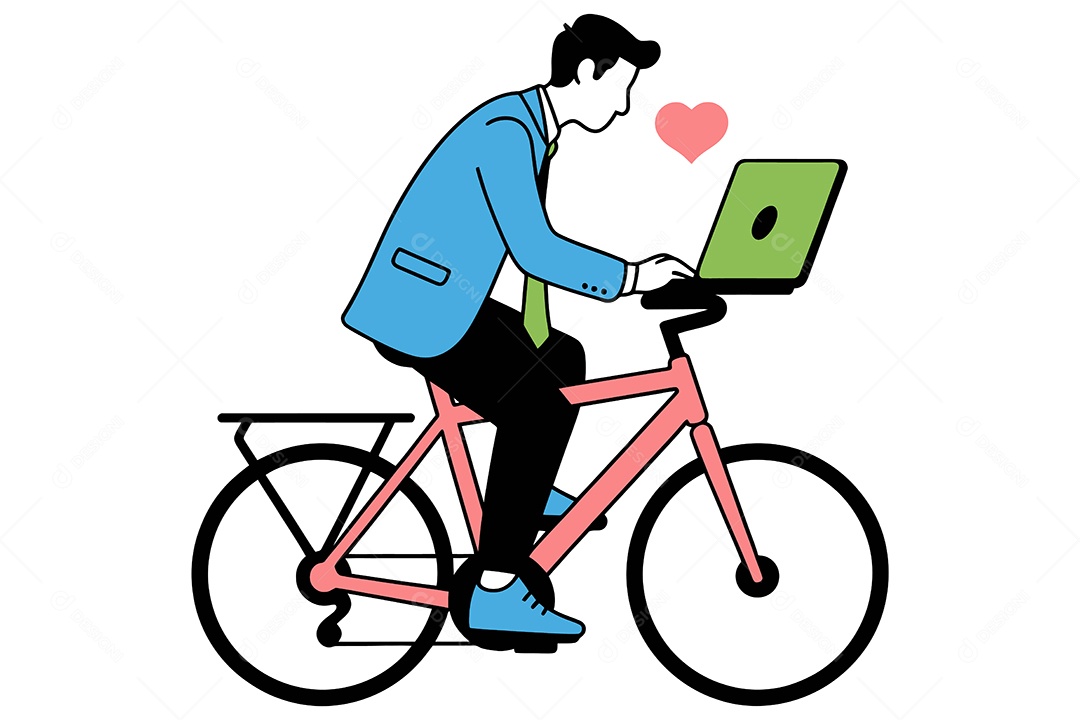 Homem Andando de Bicicleta e Usando um Laptop Ilustração Vetor EPS + AI