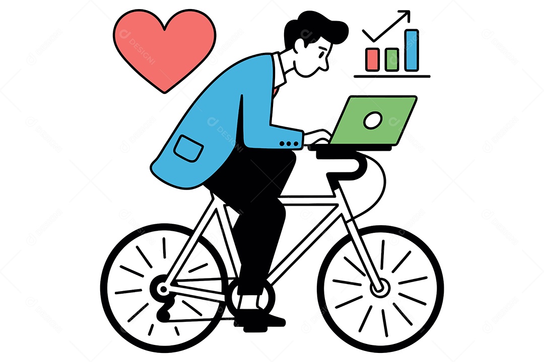Homem Andando de Bicicleta e Usando um Laptop Ilustração Vetor EPS + AI