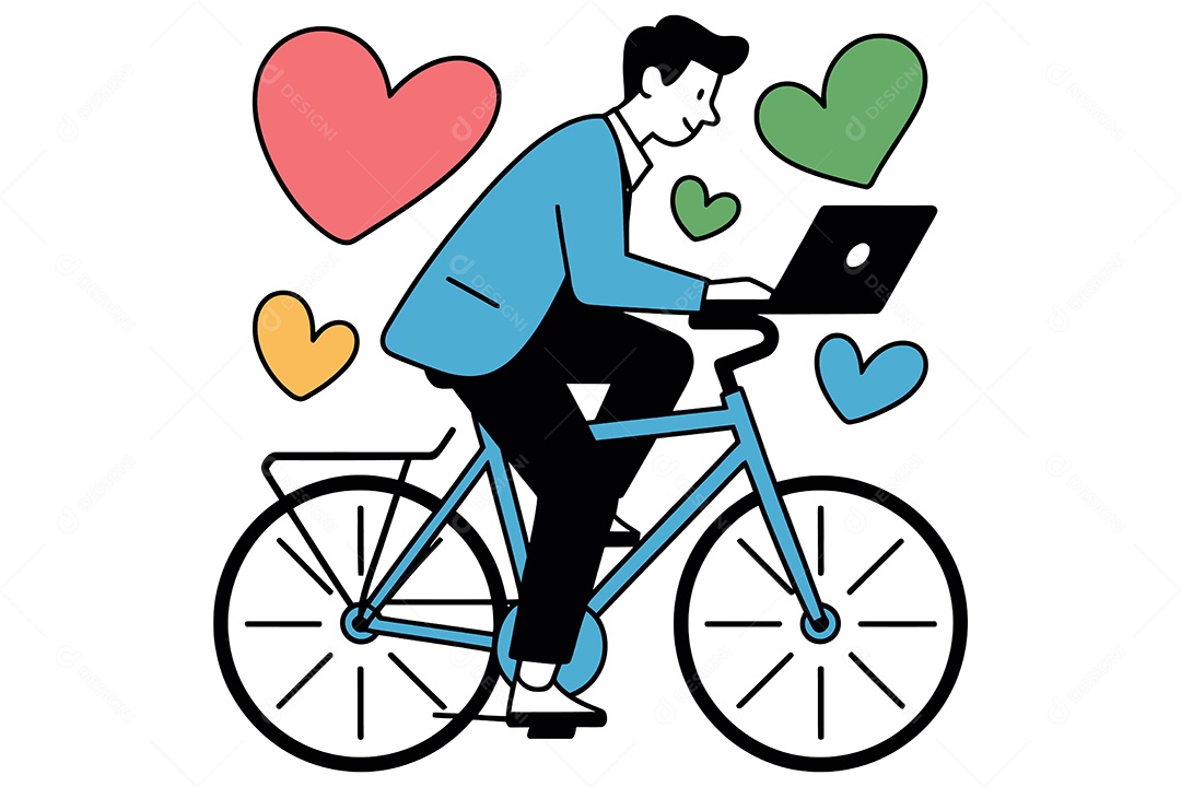 Pessoa em uma Bicicleta com um Laptop e Corações Ilustração Vetor EPS + AI