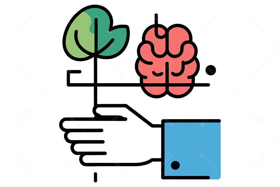 Mão Segurando um Cérebro com uma Folha Brotando Ilustração Vetor EPS + AI