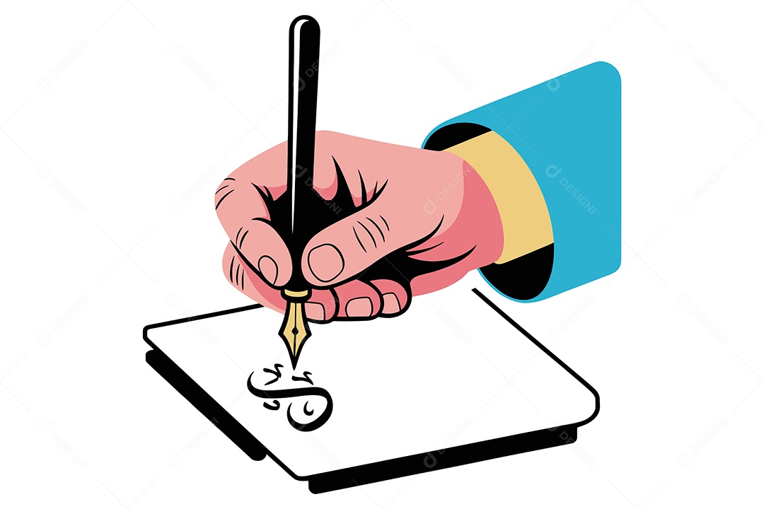 Mão Segurando uma Pena Escrevendo em uma Folha de Papel Ilustração Vetor EPS + AI