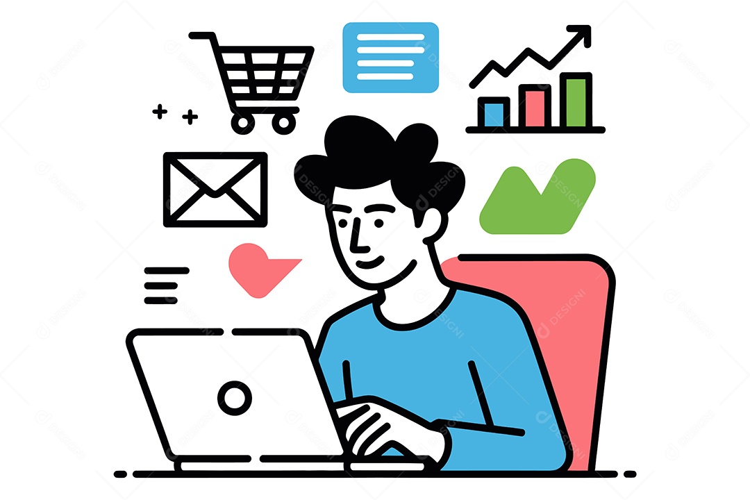 Personagem Trabalhando em um Laptop com Vários Ícones Ilustração Vetor EPS + AI