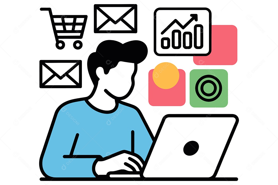 Personagem Trabalhando em um Laptop com Vários Ícones Ilustração Vetor EPS + AI