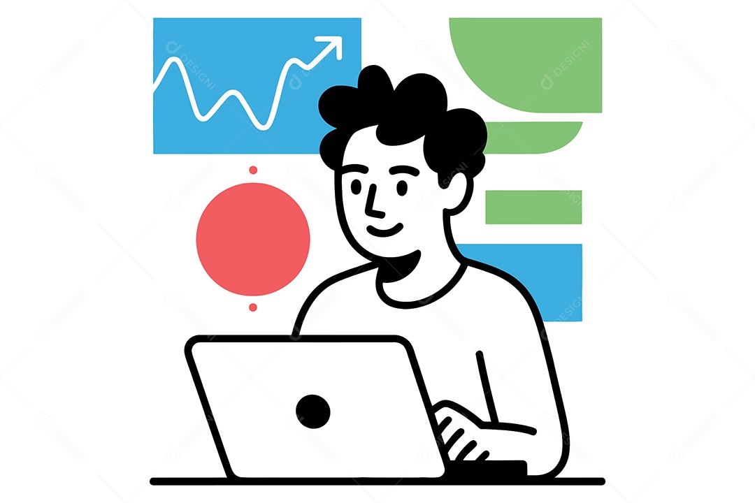 Pessoa Usando um Laptop com Gráficos ao Redor Ilustração Vetor EPS + AI