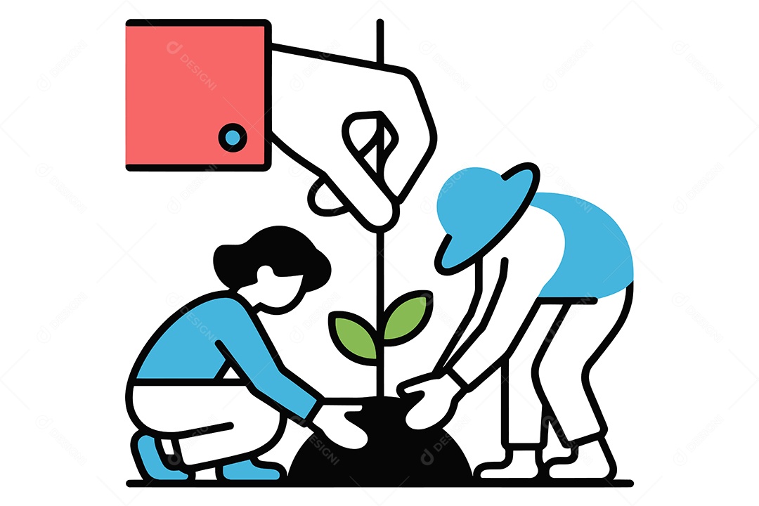 Pessoas Plantando Planta Conceito de Ecologia Ilustração Vetor EPS + AI