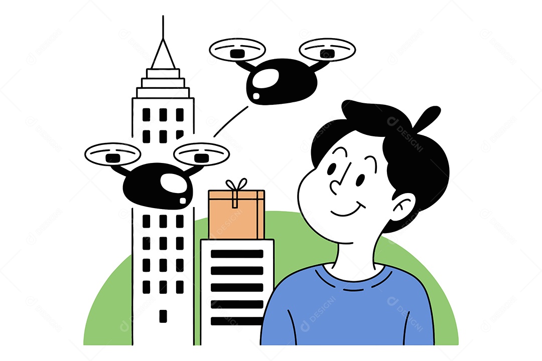 Homem Sorridente Observa Dois Drones Ilustração Vetor EPS + AI