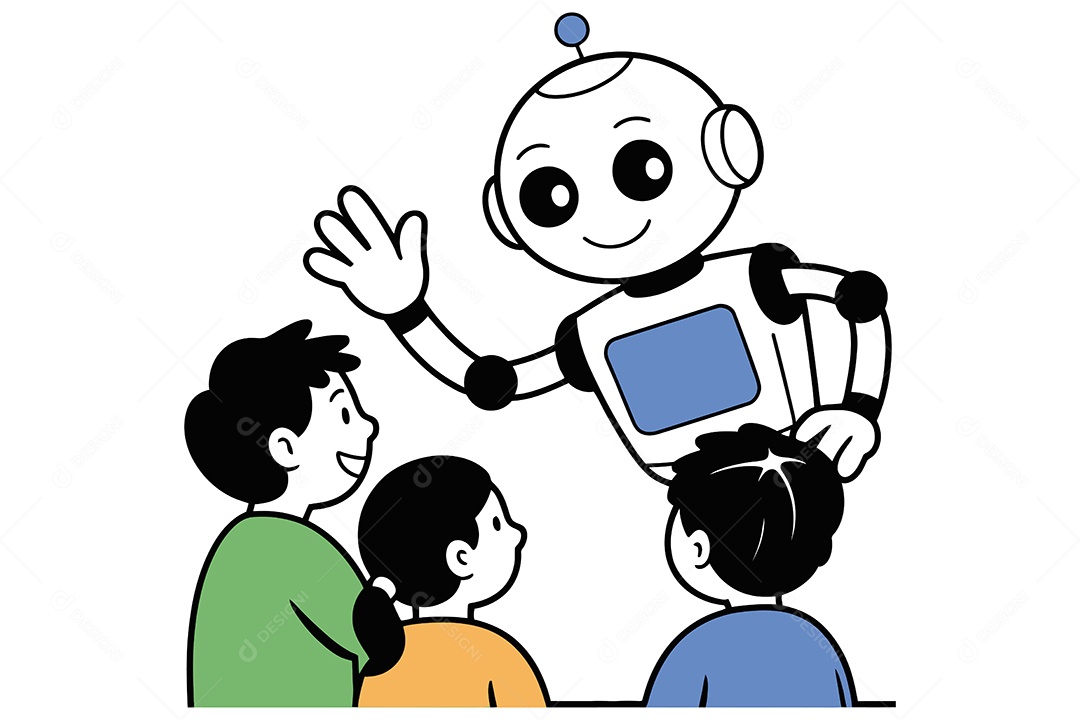 Robô Interagindo com Crianças Ilustração Vetor EPS + AI