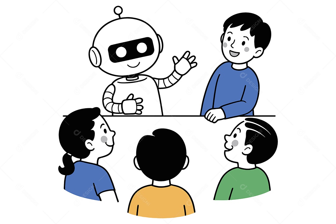 Robô Interagindo com Crianças Ilustração Vetor EPS + AI